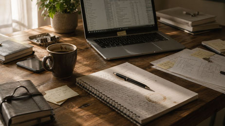 Ein Schreibtisch mitten in der Arbeit, mit halbfertigen Vorgängen, Notizen und Spuren des täglichen Handelns.Das Bild symbolisiert Verantwortung, die selbstverständlich übernommen und im Alltag getragen wird.