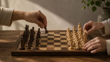 Auf einem Schachbrett setzt eine Hand gerade eine Figur, während eine zweite Hand auf der eigenen Spielfeldhälfte die eigenen Figuren ordnet. Das Bild symbolisiert den Unterschied zwischen dem Einfluss anderer und der Verantwortung für die eigene Position