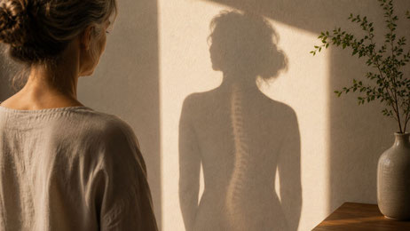 Der Schatten einer Person zeigt eine einzelne, aufrechte Wirbelsäule an einer hellen Wand. Das Bild steht für innere Haltung, Klarheit und Führung aus dem eigenen Zentrum.