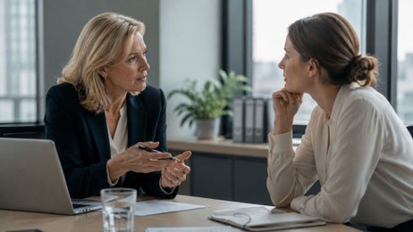 Zwei Frauen besprechen sich in ruhiger, professioneller Atmosphäre. Die eine spricht, die andere hört aufmerksam zu. Das Bild symbolisiert Führung durch Dialog, Verständnis und gemeinsame Orientierung statt durch Hierarchie oder Inszenierung.