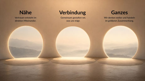 Drei gleichwertige Räume aus Licht stehen nebeneinander und öffnen den Blick in die Weite. Das Bild symbolisiert Führung ohne Rangordnung, in der Nähe, Verbindung und das größere Ganze gleichermaßen Bedeutung haben.