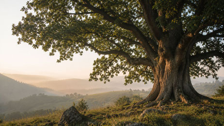 Ein mächtiger, tief verwurzelter Baum überblickt eine weite Landschaft im sanften Licht. Das Bild symbolisiert gewachsene Führung, deren Tragkraft aus Erfahrung, Beständigkeit und langfristig aufgebautem Vertrauen entsteht.