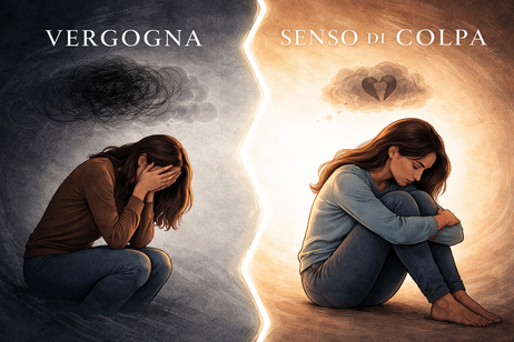 Due figure speculari, una che si nasconde e una che tende la mano — vergogna e senso di colpa in psicologia