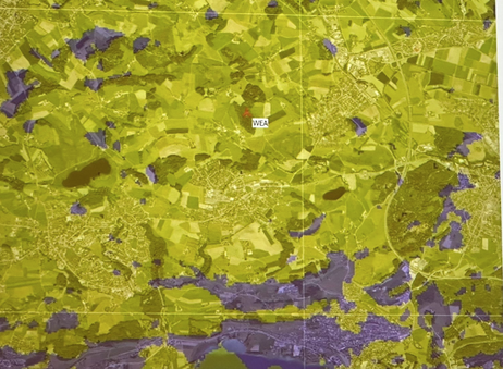 Das Windrad (WEA) ist von überall in Bubikon und Umgebung, wo die Karte grün eingefärbt ist, sichtbar (Bild: zvg)