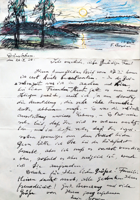 Erwin Bowien's letters, which he wrote almost every day, were usually illustrated. This letter was written on the occasion of a trip to Norway at Lake Mjösa. 