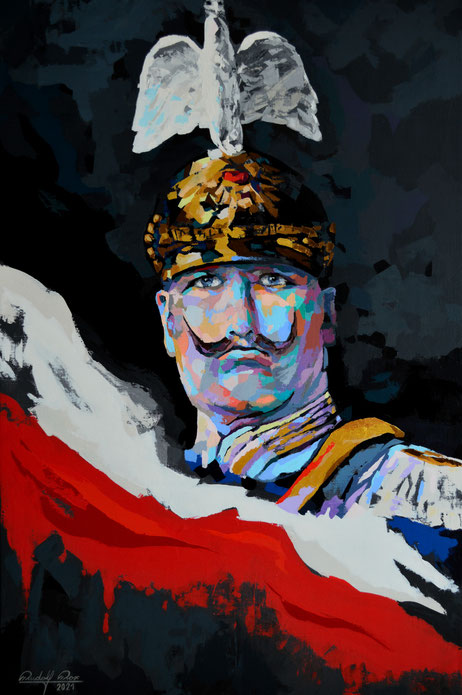 Moderne und expressive Kunst. Mit dem Palettenmesser und Acrylfarben auf Leiwand gespachtelts Gemälde des Kaiser Wilhelm II.