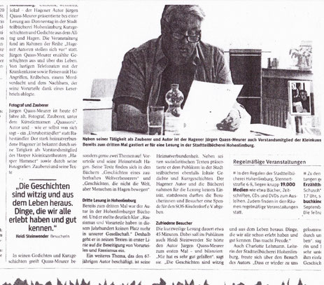 Artikel der WP/WR über QuASSONIs Lesung in Hagen-Hohenlimburg im Juli2019