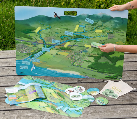 kit pédagogique trame verte et bleue, corridors écologiques, cycle de l'eau, paysage, poisson migrateur, jeu, outil, animation