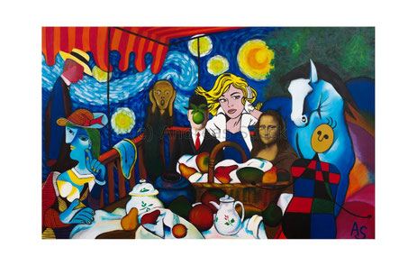 Verbindungen oder Das Frühstück der 12 Kunstelemente, 115 x 80 cm, Oktober 2015, Acryl/Öl auf Leinwand