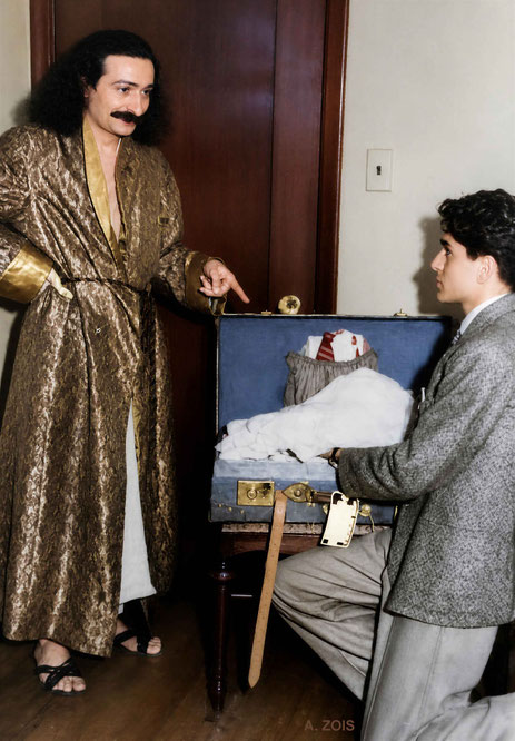1932 : Meher Baba and his youngest brother Adi Jr(n). unpacking Baba's suitcase. Image rendition by Anthony Zois. BP
