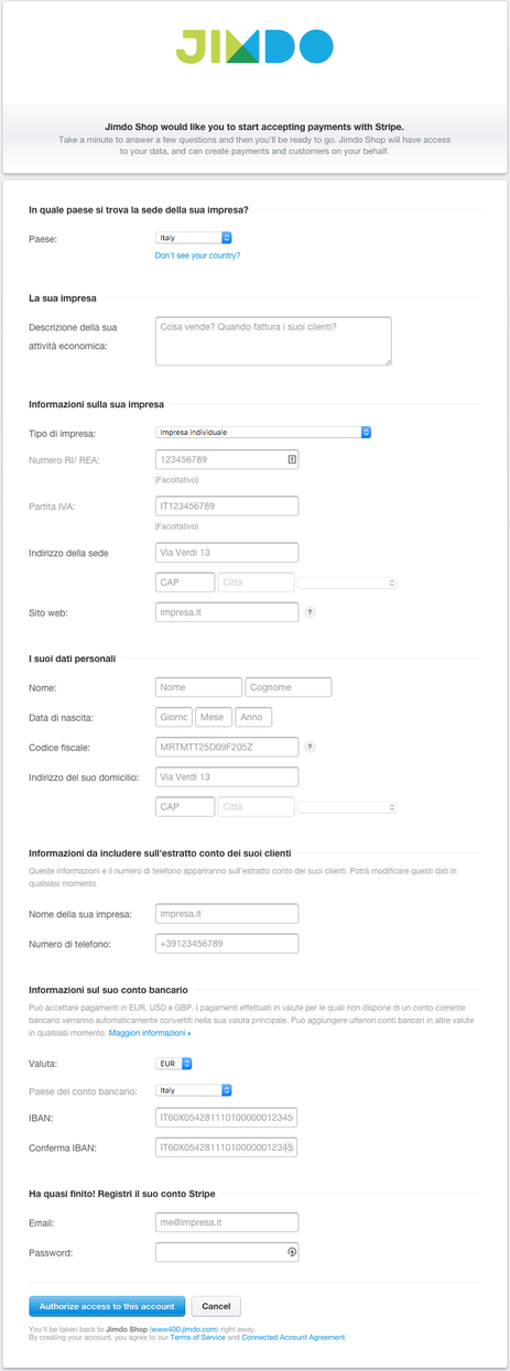 Modulo di registrazione a Stripe