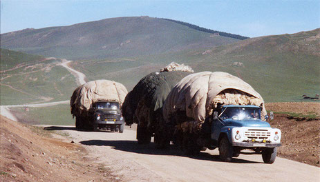 LKWs voller Wolle und Felle, Mongolei, aufgenommen von ritsch-ratsch