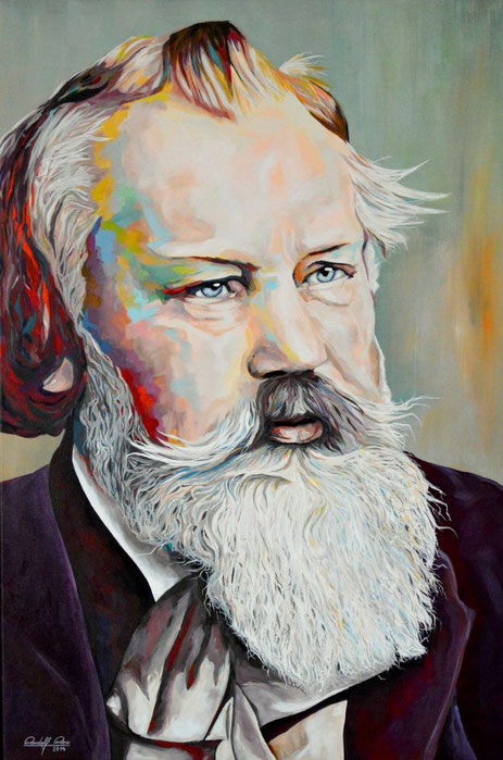 Ein Acrylgemälde auf Leinwand zeigt ein farbenfrohes Porträt von Johannes Brahms, einem berühmten Komponisten des 19. Jahrhunderts. Das Werk kombiniert realistische Details mit lebhaften, impressionistischen Farbakzenten, die Gesichtszüge und den markante