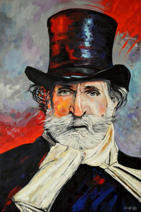 Ein Acrylgemälde auf Leinwand zeigt Giuseppe Verdi, den berühmten italienischen Komponisten, mit markantem Zylinderhut und weißem Bart. Der rote und graue Hintergrund setzt dramatische Akzente, während lebendige Farben und Lichtreflexe die ausdrucksstarke