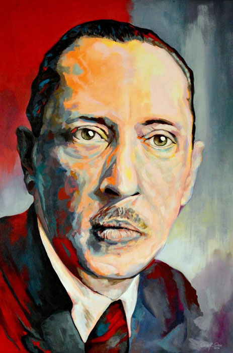 Porträtgemälde von Igor Strawinski, geschaffen mit Acrylfarben auf Leinwand. Das Kunstwerk zeigt den Komponisten mit eindringlichem Blick, umgeben von einer dynamischen Farbpalette aus roten, blauen und neutralen Tönen, die seine künstlerische Tiefe und A