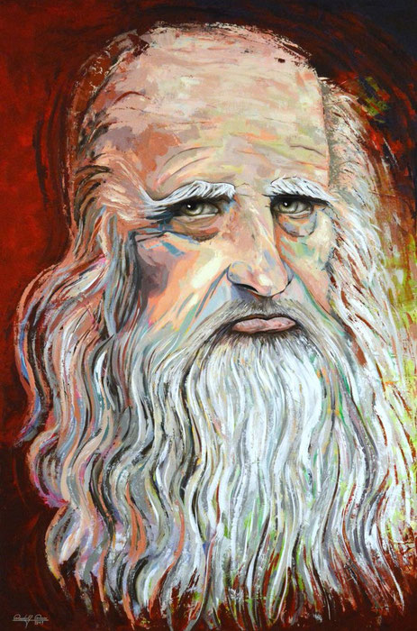 Gemälde von Leonardo da Vinci, porträtiert mit langem weißem Bart und tiefem, nachdenklichem Blick. Das Acrylkunstwerk auf Leinwand hebt sich durch seine lebendigen Farben und den warmen roten Hintergrund hervor, der die Persönlichkeit und das Vermächtnis