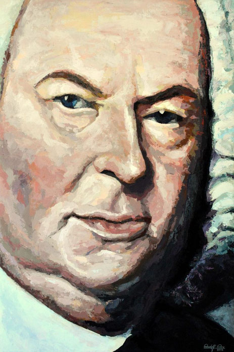Ein mit Spachteltechnik gestaltetes Gemälde zeigt ein ausdrucksstarkes Porträt von Johann Sebastian Bach. Die pastosen Farbschichten und die strukturierte Oberfläche betonen die markanten Gesichtszüge und verleihen dem Kunstwerk eine besondere Tiefe und D