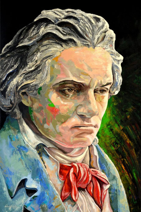 Mit Acrylfarben gemaltes Porträt des Komponisten Ludwig van Beethoven.
