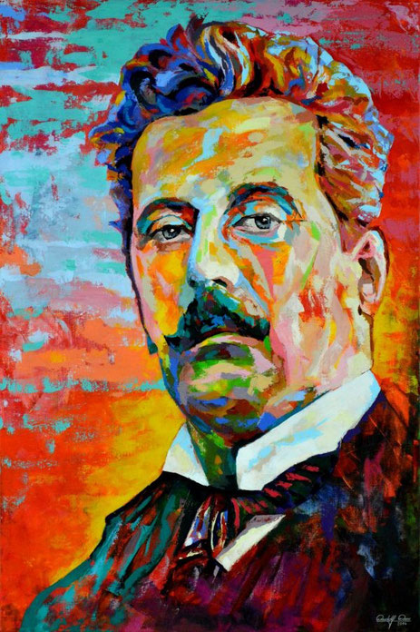 Ein Acrylgemälde auf Leinwand zeigt ein lebendiges Porträt des Komponisten Giacomo Puccini. Die impressionistische Darstellung kombiniert kräftige Farben und expressive Pinselstriche, um die Gesichtszüge, den Schnurrbart und den intensiven Blick des Darge