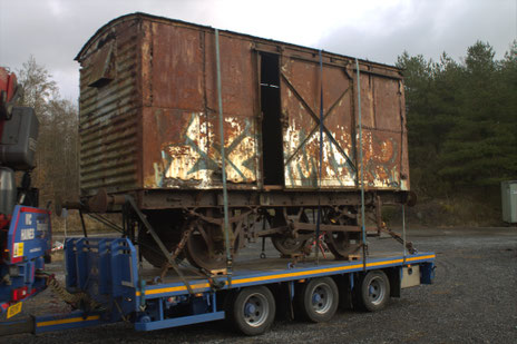 LMS Ventilated Goods Van 187085 arriving at its new home on the Llanelli and Mynydd Mawr Railway in Carmarthenshire, South West Wales on Thursday 11th March 2021. (c) Aaron Matthews