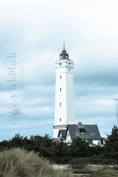 Foto von weißem Leuchtturm, eckig und gemauert in Blavand an der Nordsee in Dänemark, mitten in Dünen und Küstenwald