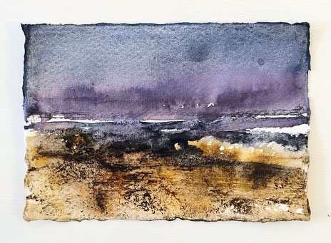 Fields at dusk- #3, Mixmedia on Indians handmade paper, 16x11cm, by Mamiko Nagatomo