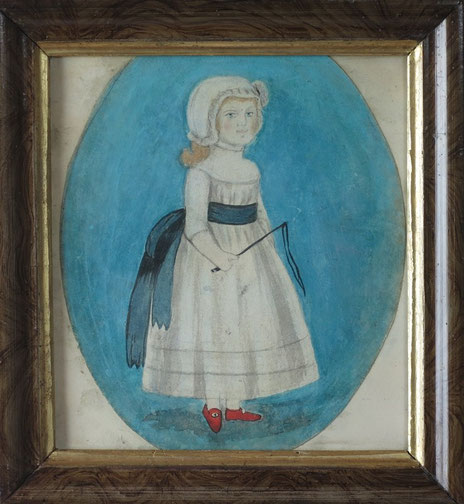 Naive folk art watercolor of a girl in a bonnet with whip