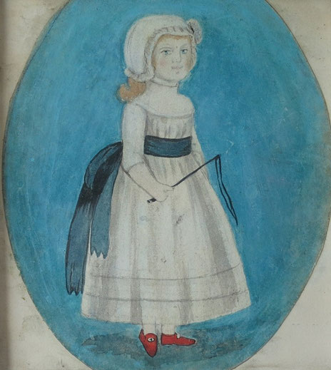 Naive folk art watercolour of a girl in a bonnet with whip