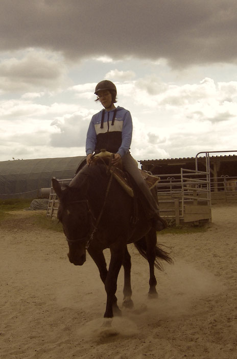 Birthe sitzt im Westernsattel auf einem kleineren, etwas stämmigen braunen Pferd, das auf den Betrachter zuläuft. Seine Hufe wirbeln dabei ein wenig Staub auf. Im Hintergrund sind Unterstände und Gatter zu sehen.