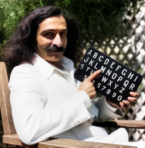 Meher Baba in Hollywood, CA. May-June 1932. Taken at the Jones' garden. Image rendition by Anthony Zois. BP