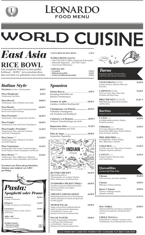 © Cafe Leonardo® -World Cuisine mit Pizza, Pasta, Tacos, Burittos, East Asia & India