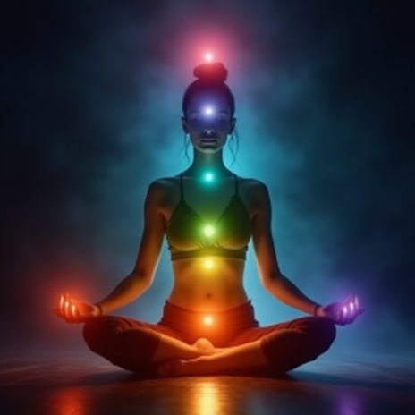 Eine Yogini sitzt friedlich und meditativ mit erleuchteten Chakren. 