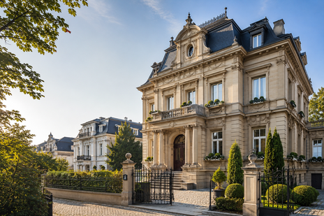 Denkmalgeschützte Stadtvilla in Wiesbaden mit historischer Sandsteinfassade, gepflegtem Garten und hochwertiger Gründerzeitarchitektur.