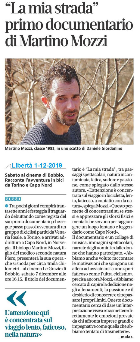 La mia strada di Martino Mozzi - quotidiano Libertà 1-12-2019