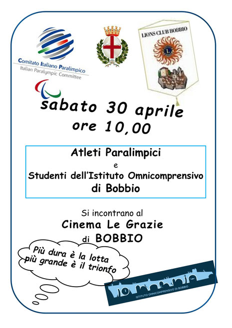 Bobbio 30 aprile 2022  Incontro degli atleti paralimpici con gli studenti dell’Istituto Omnicomprensivo di Bobbio