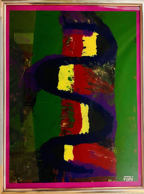 FORTUNIS (2016–2018) von Andreas Alka alias FLoYd. Acryl-Lack-Glasbild mit silbernem Rahmen, lilafarbenem Innenrand und vier gelben Feldern, umschlungen von dunklen, serpentinenartigen Strukturen. Symbol für Zufall, Zeitfluss und Vorbestimmung.