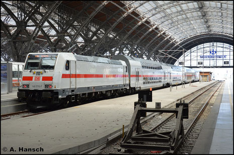 Am 11. Mai 2016 wartet 146 570-7 mit ihrem Doppelstock-IC in Leipzig Hbf. auf Ausfahrt