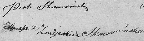Podpisy Piotra Skowrońskiego i Józefy ze Żmijewskich, Karniewo 1850r.
