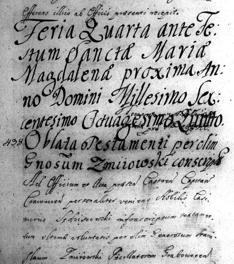 Fragment oblaty testamentu z 1685 roku [Archiwum Narodowe w Krakowie]