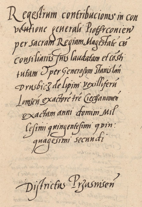 Karta tytułowa „Rejestr Poborowy ziemi ciechanowskiej z 1552 roku” dot. powiatu przasnyskiego [fot. AGAD w Warszawie]