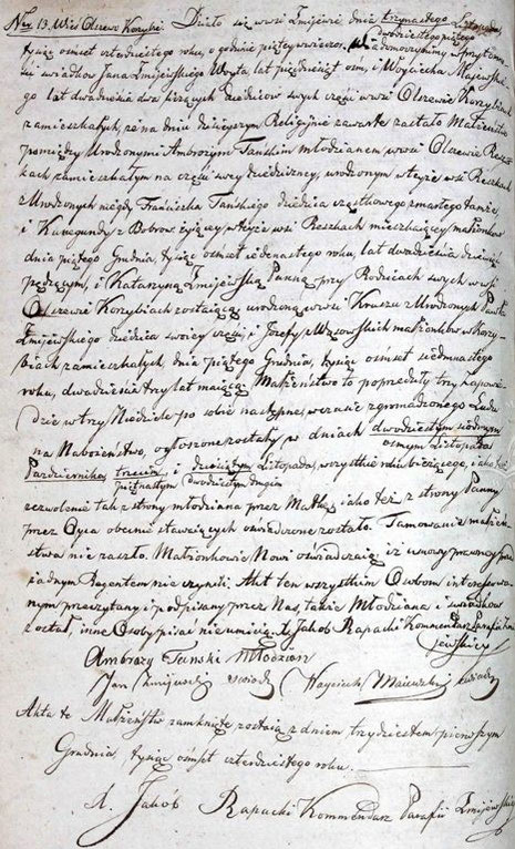 Akt ślubu Katarzyny i Ambrożego z 1840 roku, Metrykalia Parafii w Żmijewie, Archiwum Państwowe w Mławie
