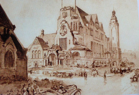 1ère version de l'hôtel de ville, avant la version retenue, représentée par une aquarelle de l'architecte Pierre Drobecq, coconstructeur de l'édifice