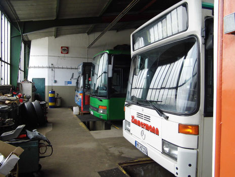 Drei wunderschöne Busse in der Zimmermann Betriebshalle, (von vorne nach hinten) der inzwischen abgemeldete MR-HZ 150 [MB O405N],MR-HZ 141 [Setra S315 NF], und MR-HZ 104 [MB O405]  
