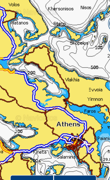 Von Lavrion (ganz rechts unten, ohne Beschriftung) nach Volos (links oben)