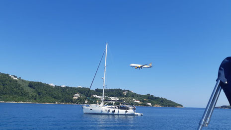 Condor im Landeanflug gleich neben dem Hafen