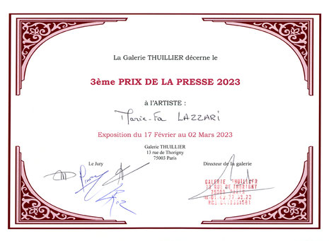 Prix de la Presse 2023 décerné à Marie-Fa Lazzari à la galerie Thuillier pour son oeuvre photographique sur soie "Au gré de l'air". 