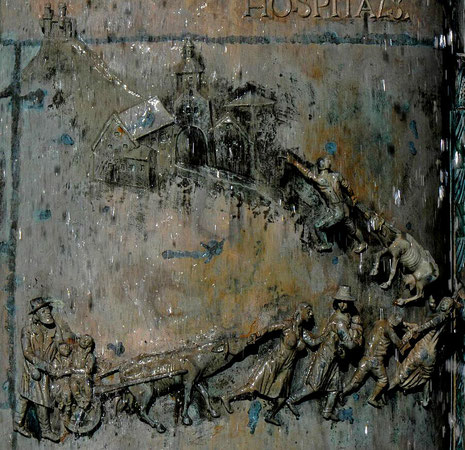 Unter dem Schutz der Grafen kommen Juden nach Hechingen, Detail aus dem Rathausbrunnen Hechingen, Bildhauer: Klaus Ringwald, Guss: Hans Mayr, Foto: Manuel Werner, alle Rechte vorbehalten