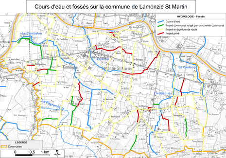 Carte des cours d'eau et fossés de la commune de Lamonzie St Martin - classification fossés publics et privés