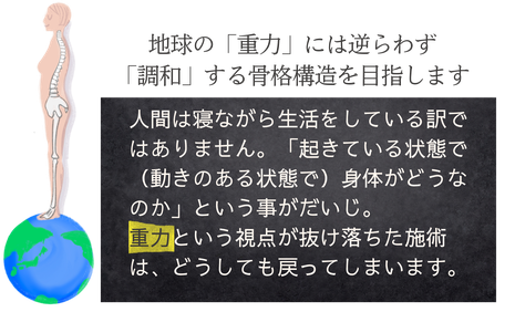 地球の「重力」には逆らわず「調和」する骨格構造を目指します　人間は寝ながら生活をしている訳ではありません。「起きている状態で（動きのある状態で）身体がどうなのか」という事がだいじ。重力という視点が抜け落ちた施術はどうしても戻ってしまいます。