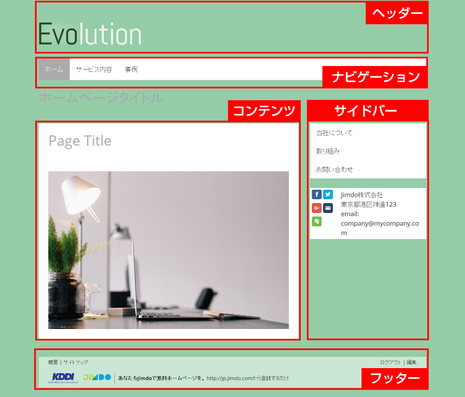 Jimdoのページは上記の要素で構成されています。